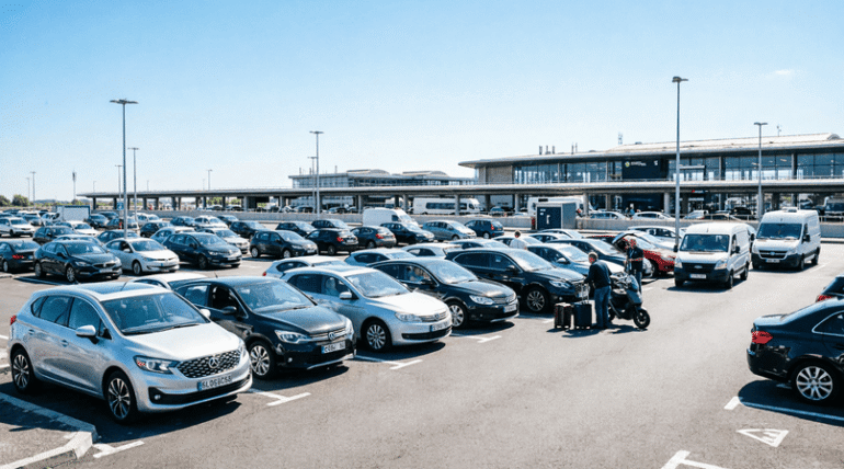 A busy parking lot at Roissy-CDG airport in 2026, featuring travelers and various cars, with the terminal visible in the background.