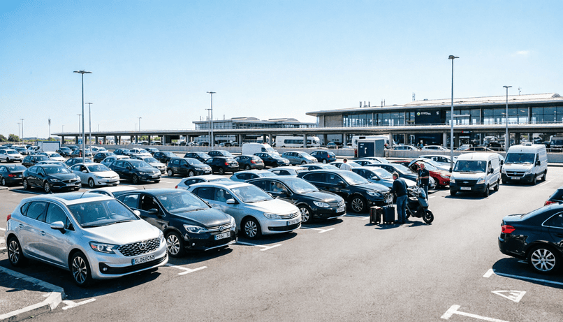 A busy parking lot at Roissy-CDG airport in 2026, featuring travelers and various cars, with the terminal visible in the background.