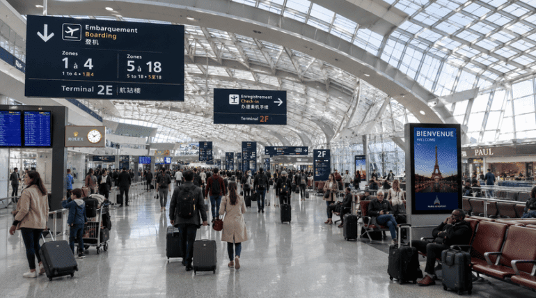 A panoramic view of the interior of Paris-Charles de Gaulle Airport (CDG), showcasing travelers navigating between terminals with clear signage, comfortable seating areas, and modern amenities. The atmosphere should be bustling yet organized, with a focus on diverse passengers, including families and business travelers, all looking relaxed and informed. The style should be realistic, capturing the essence of a busy international airport while conveying a sense of ease and efficiency.