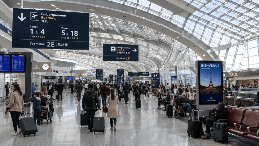 A panoramic view of the interior of Paris-Charles de Gaulle Airport (CDG), showcasing travelers navigating between terminals with clear signage, comfortable seating areas, and modern amenities. The atmosphere should be bustling yet organized, with a focus on diverse passengers, including families and business travelers, all looking relaxed and informed. The style should be realistic, capturing the essence of a busy international airport while conveying a sense of ease and efficiency.